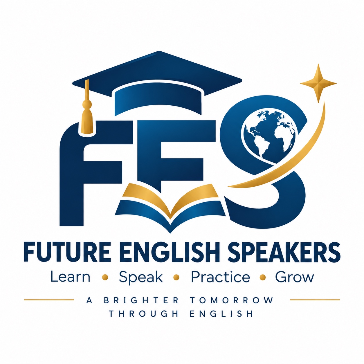 FES — Future English Speakers. Learn, Speak, Practice, Grow. A brighter tomorrow through English.